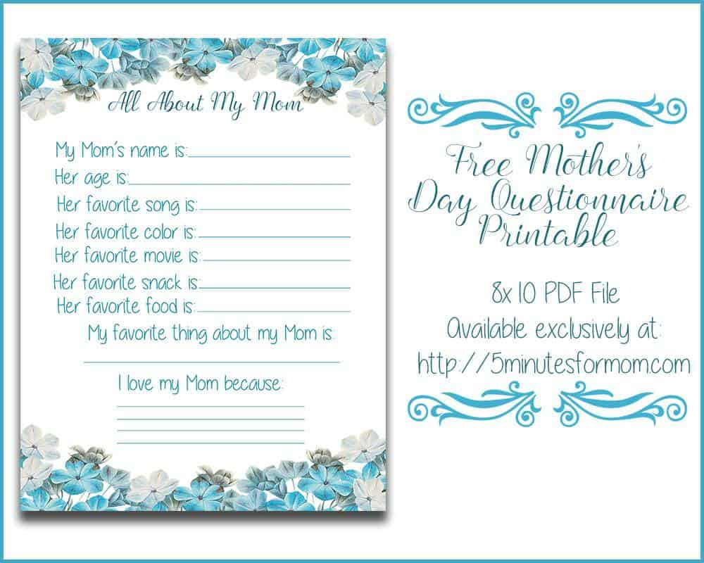 All About My Mom Questionnaire Free Printable for Mother's Day