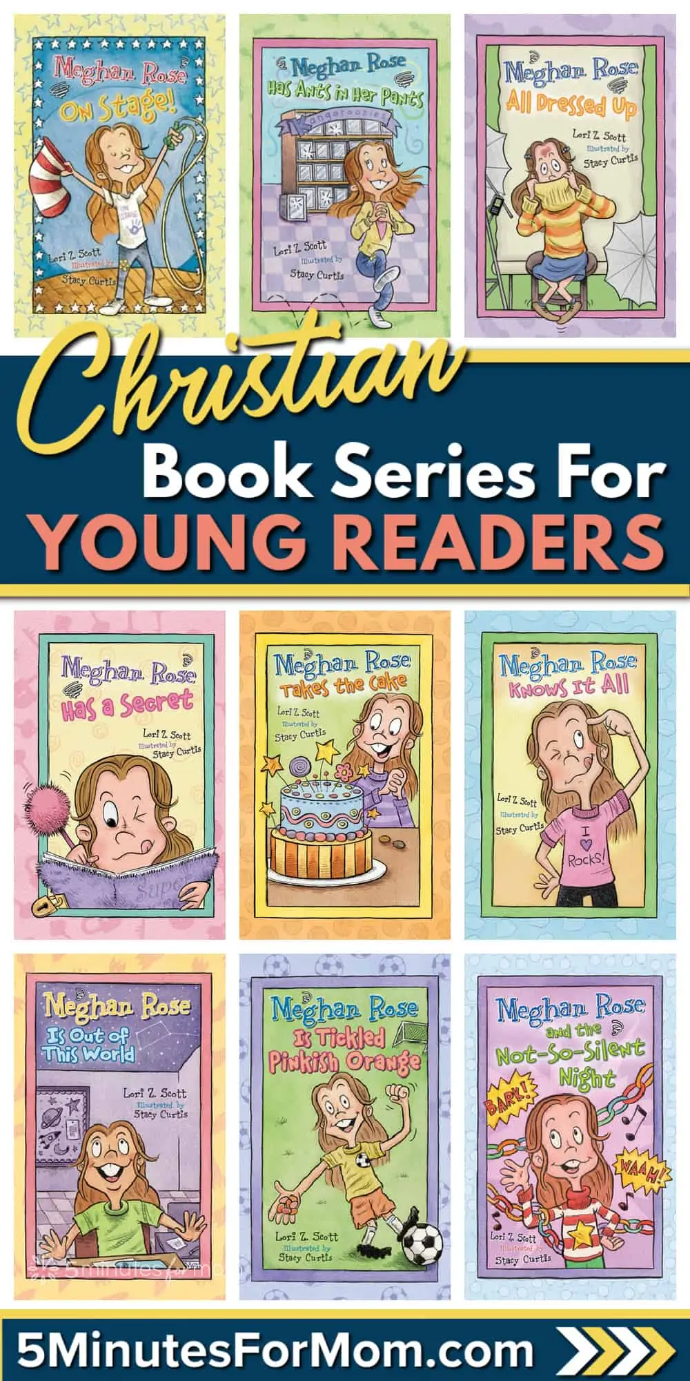 Photo collage of six books for Meghan Rose - Text says "Christian book series for young readers"