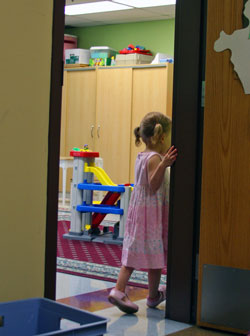 Julia at school classroom door