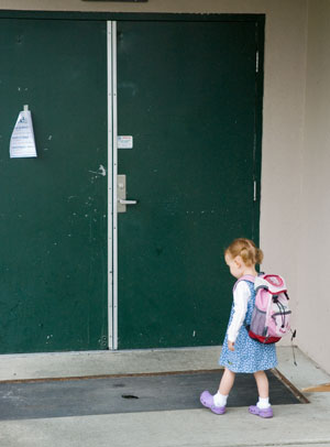 Julia at the School Door