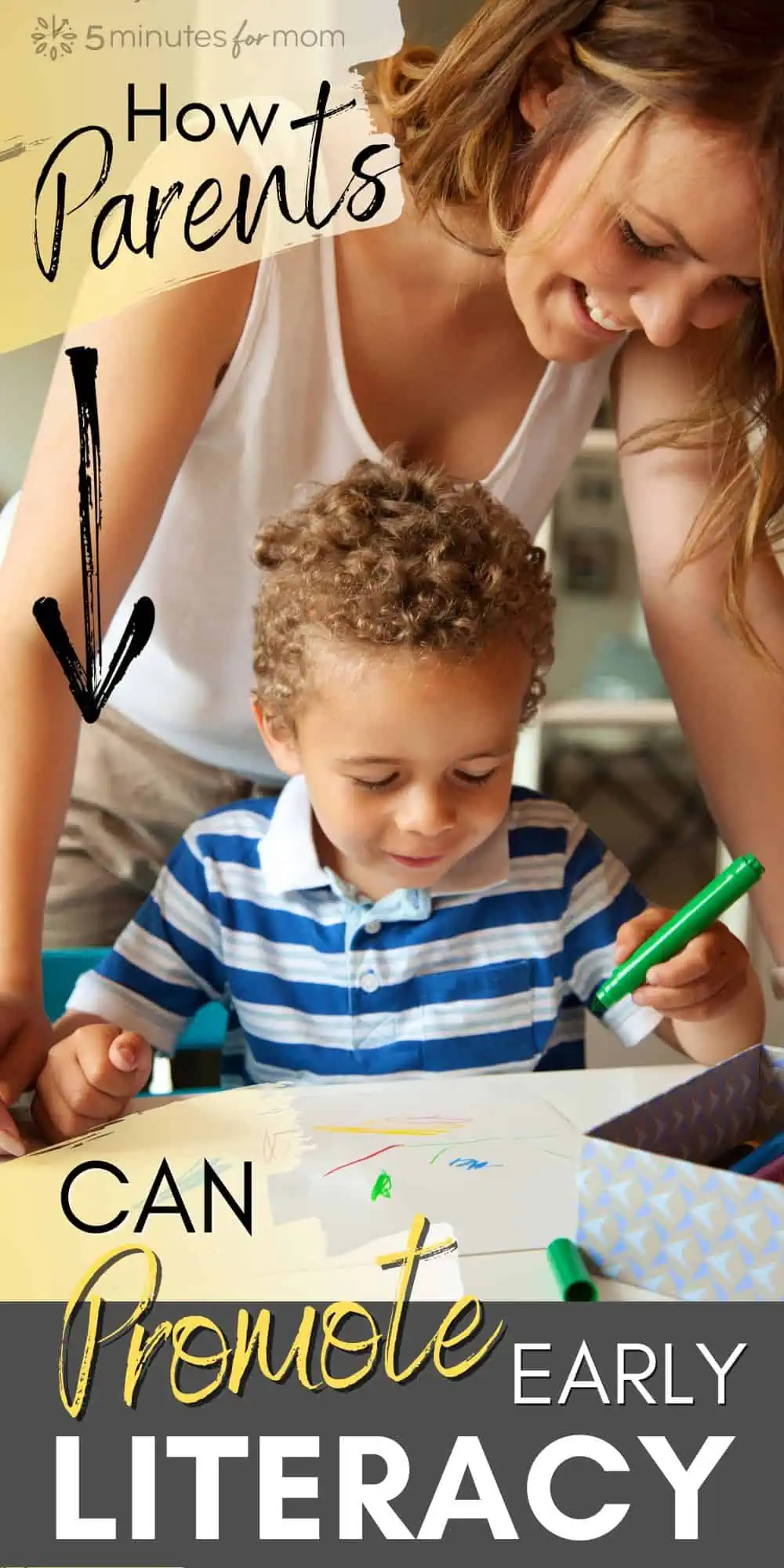 Mother and preschool age son learning to write at a table. Text overlay says: How Parents Can Promote Early Literacy