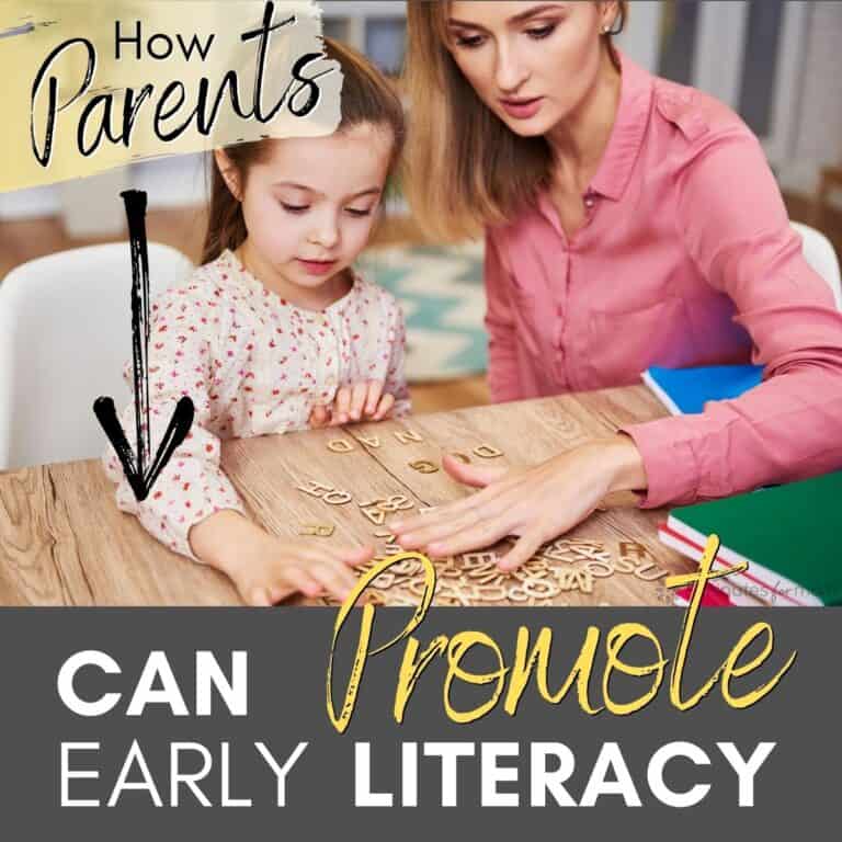 Mother teaching her young daughter how to spell her name. Text overlay says: Mother and preschool age son learning to write at a table. Text overlay says: How Parents Can Promote Early Literacy