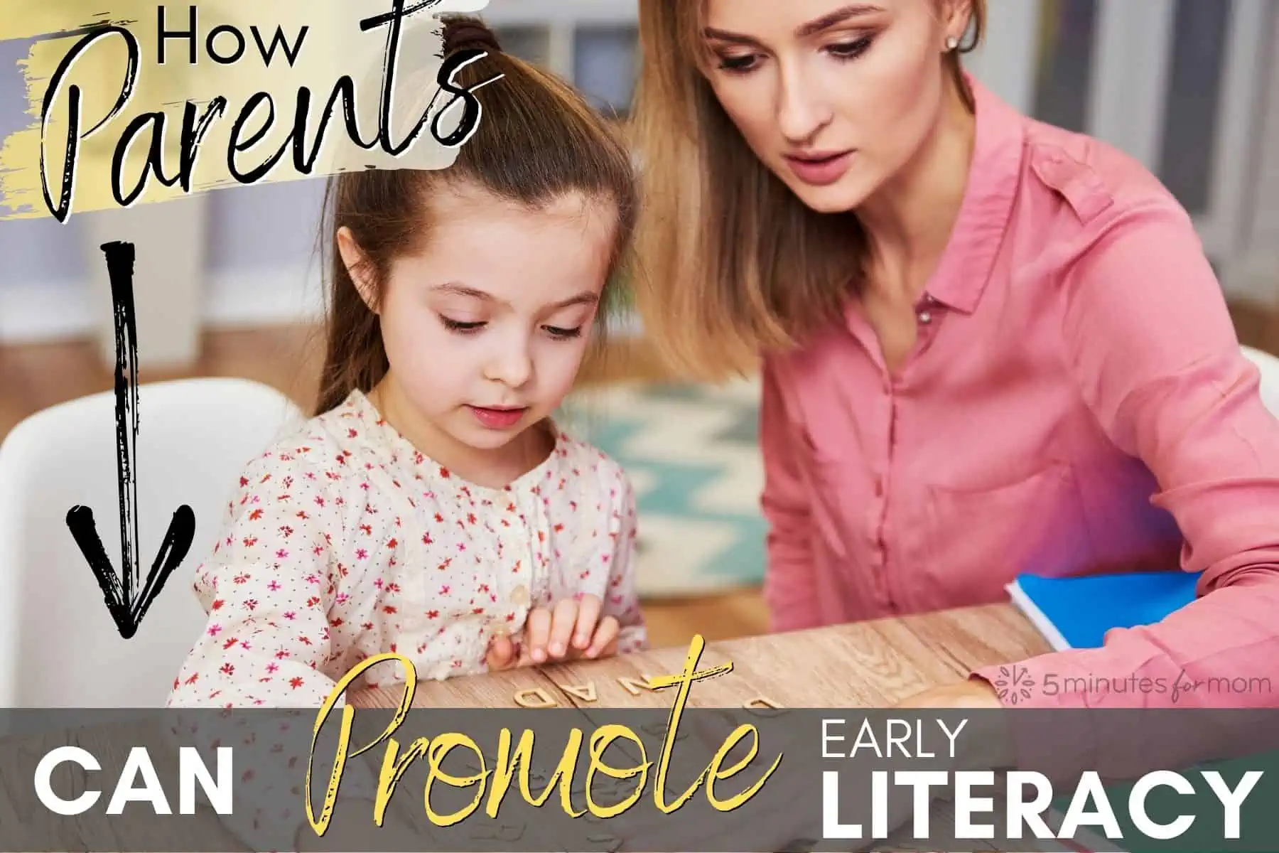 Mother teaching her young daughter how to spell her name. Text overlay says: Mother and preschool age son learning to write at a table. Text overlay says: How Parents Can Promote Early Literacy