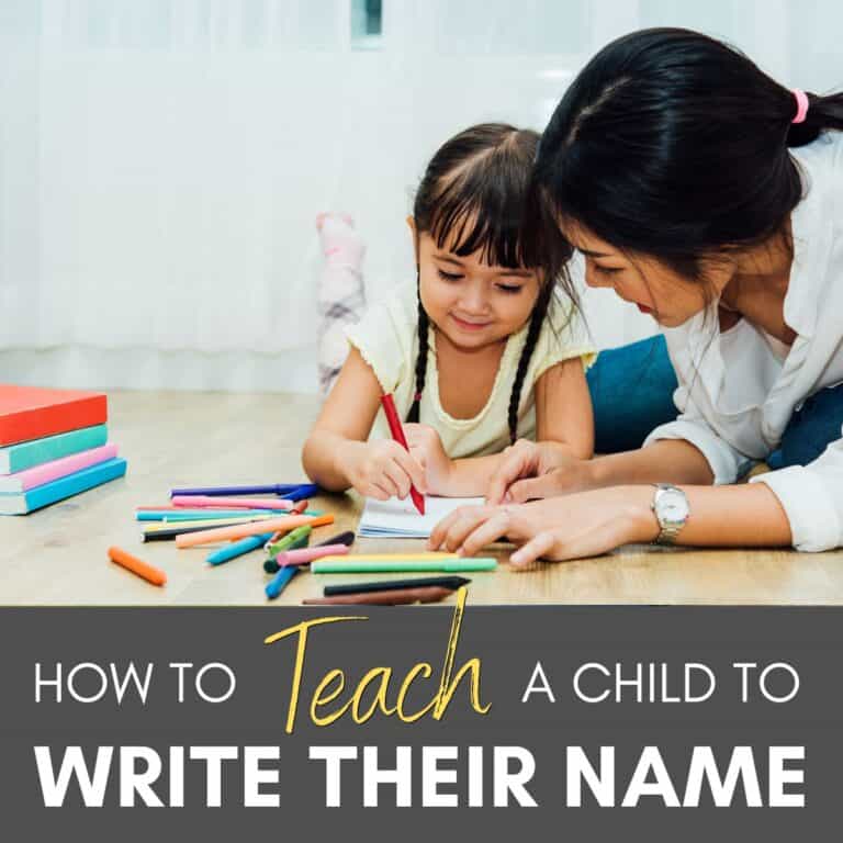 Mom teaching young girl to write her name - Text Overlay says: How to Teach Child To Write Their Name