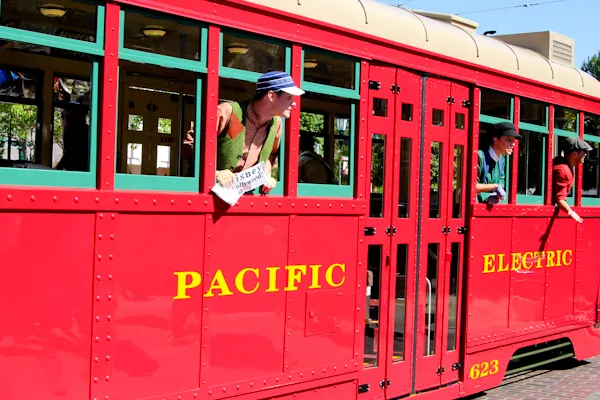 red car trolleys at Disneyland