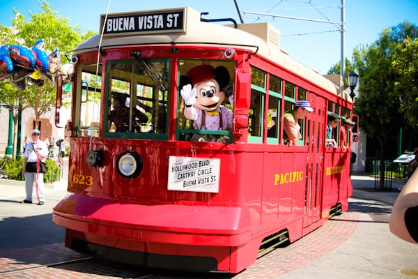 red car trolleys at Disneyland