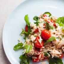 Lemony Orzo, Roasted Tomato and Arugula Salad