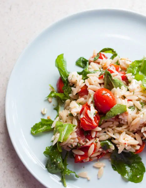 Lemony Orzo, Roasted Tomato & Arugula Salad