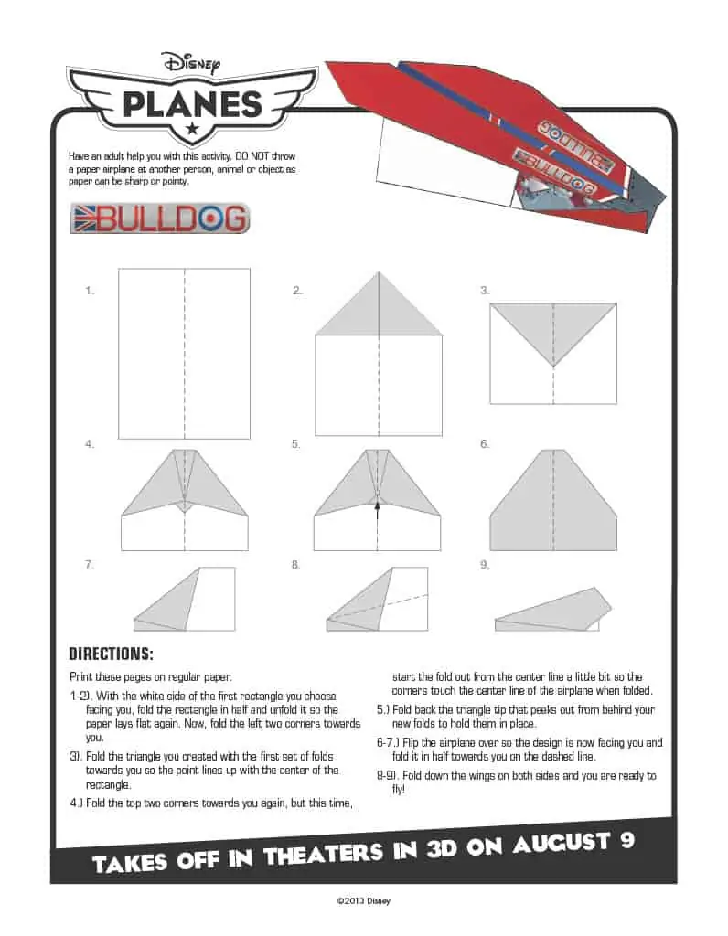 Step by step template for making a paper airplane from Disney Planes