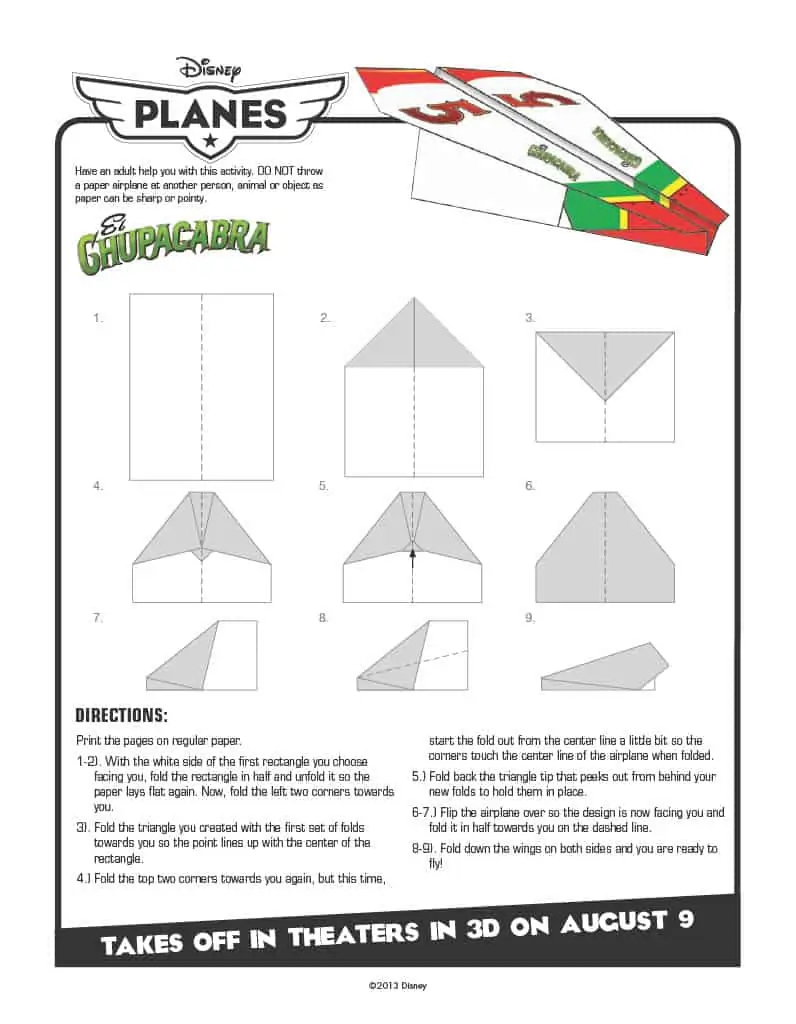 Printable directions for how to make a paper airplane inspired by Disney Planes