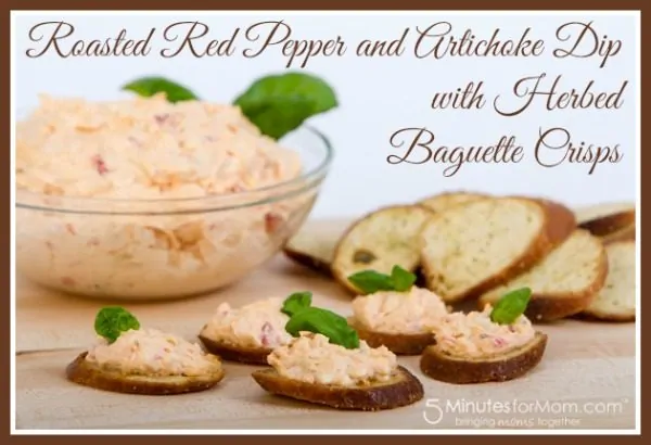 Roasted Red Pepper and Artichoke Dip with Herbed Baguette Crisps