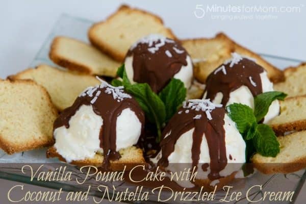Vanilla Pound Cake with Coconut and Hazelnut Drizzled Ice Cream