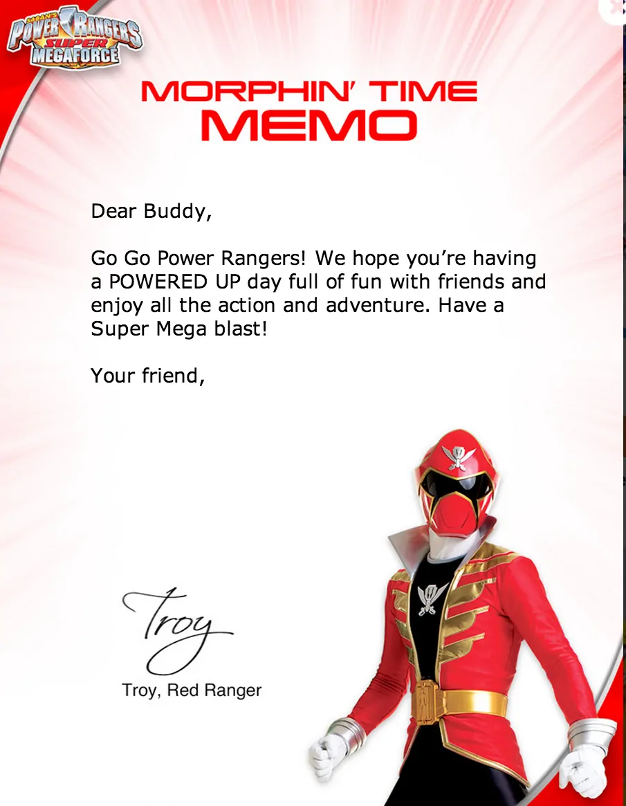 sample power ranger letter