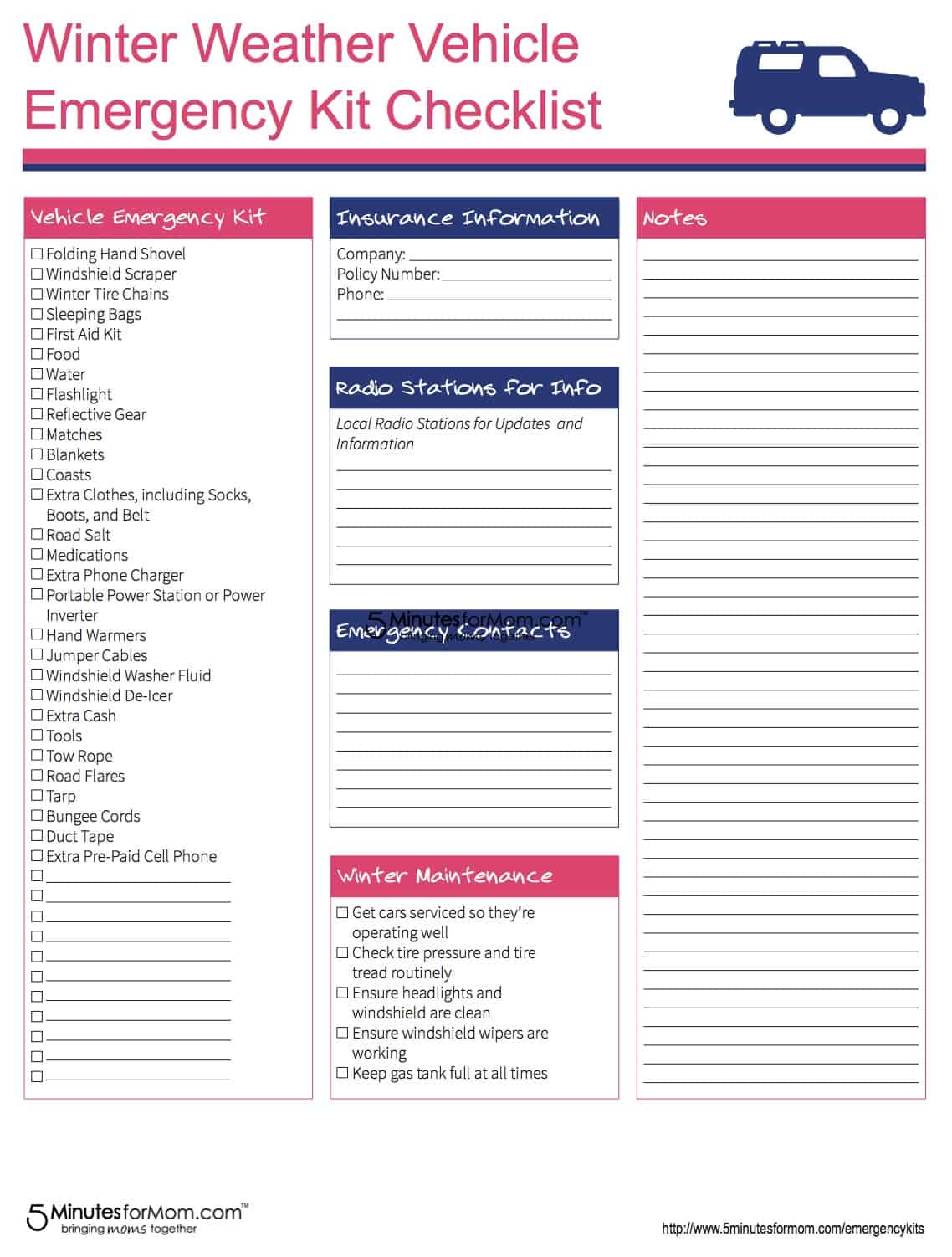 Vehicle Emergency Kit Checklist