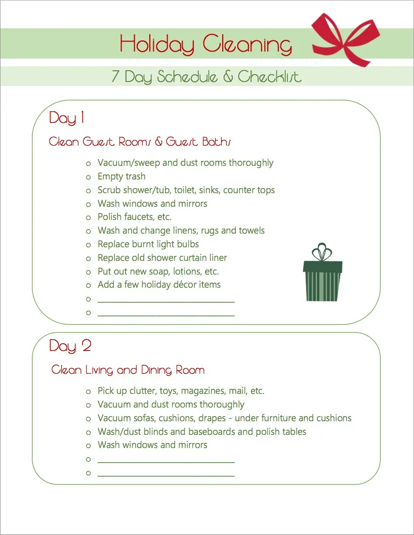 Holiday Cleaning Schedule Checklist