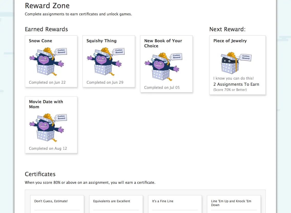 TenMarks Summer Math Program Reward Zone