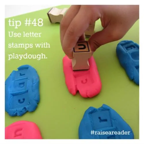 Raise a Reader Tip - Use letter stamps with playdough