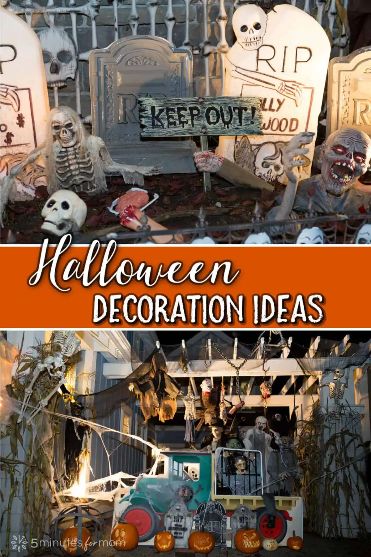 Two photos showing spooky Halloween decorations