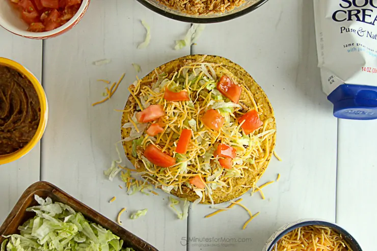 Easy Shredded Chicken Tostadas, a family friendly, and delicious dinner.