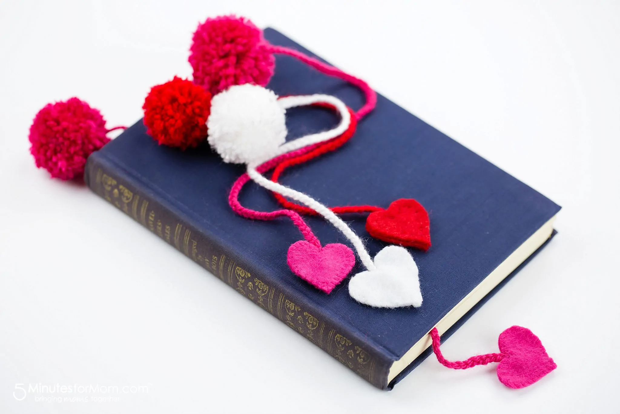 Blue book and DIY pom pom bookmarks with felt hearts.