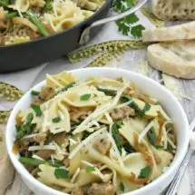 Bowtie Pasta with Chicken Italian Sausage Asparagus Caramelized Onions