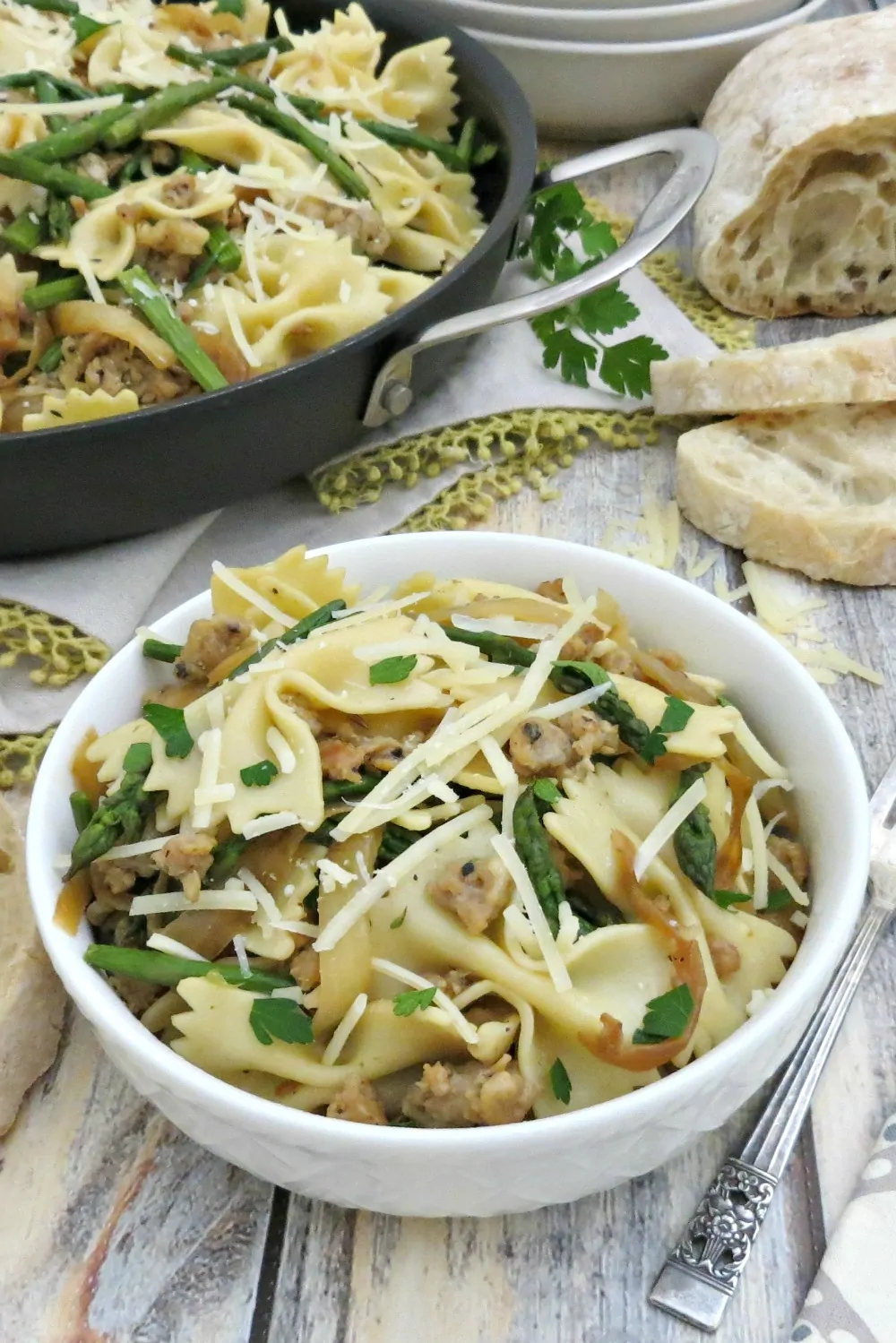 Bowtie Pasta with Chicken Italian Sausage Asparagus Caramelized Onions