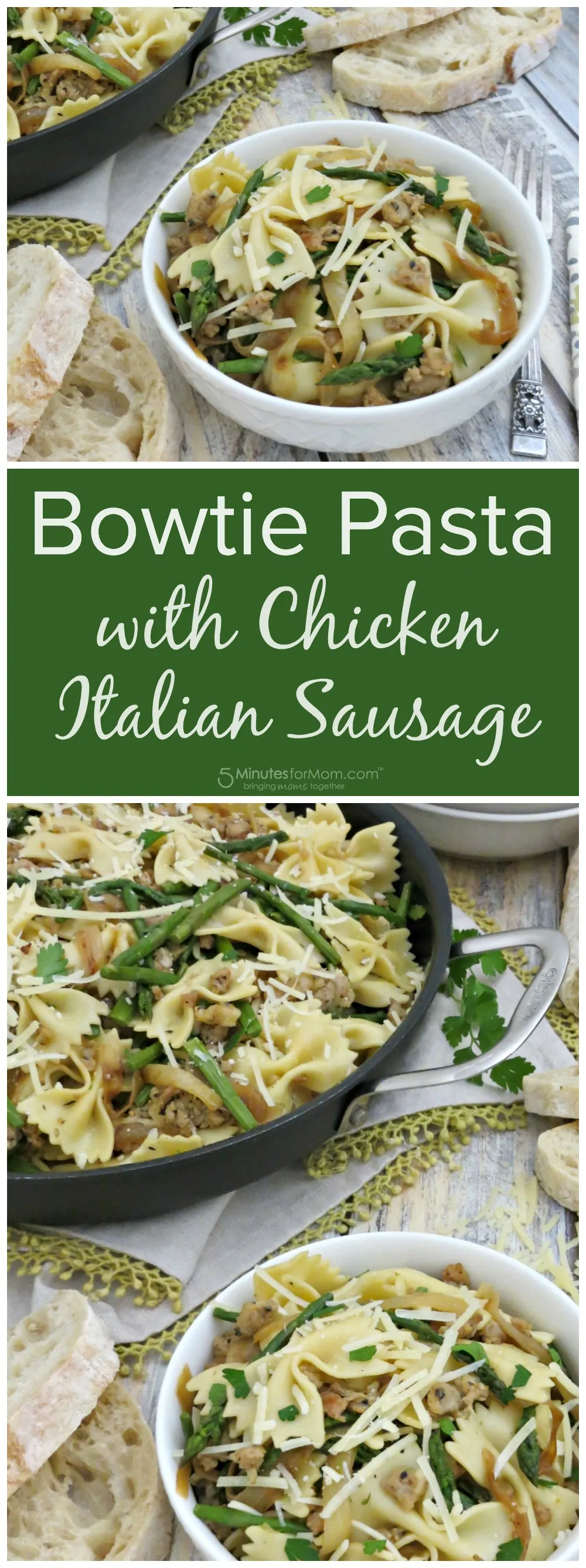 Bowl of Bowtie Pasta with Chicken Italian Sausage, Asparagus & Caramelized Onions