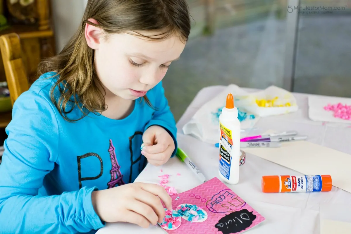 Olivia Making Eggshell Mosaic Easter Cards