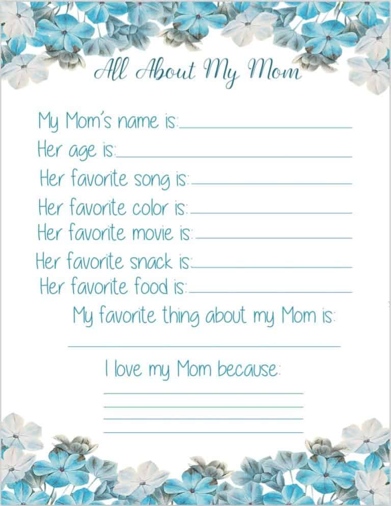 All About My Mom Questionnaire Free Printable for Mother's Day