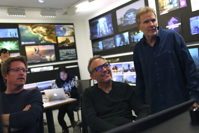 Director Andrew Stanton, graphic designer Craig Foster and Production Designer Steve Pilcher during the film production of "Finding Dory"