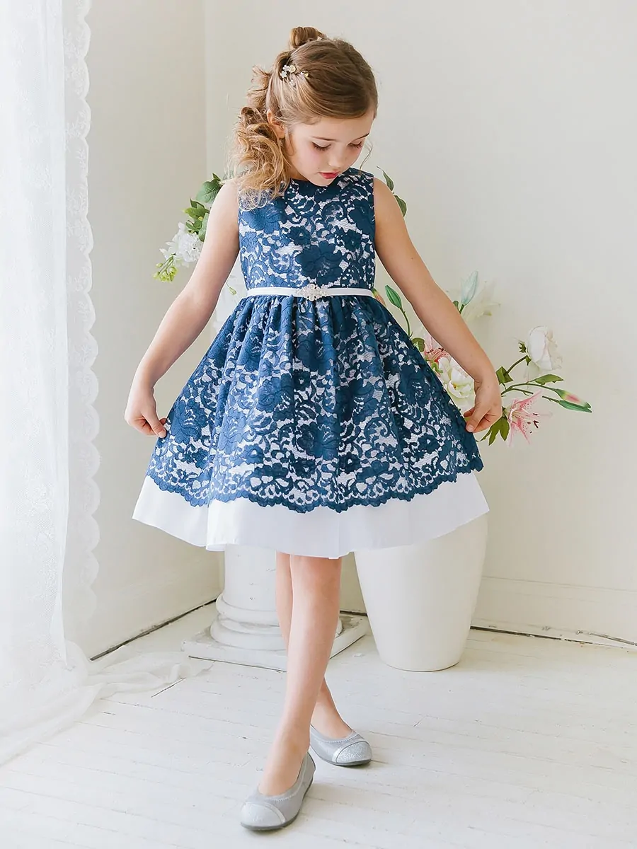 Navy Taffeta Dress with Flower Lace Overlay