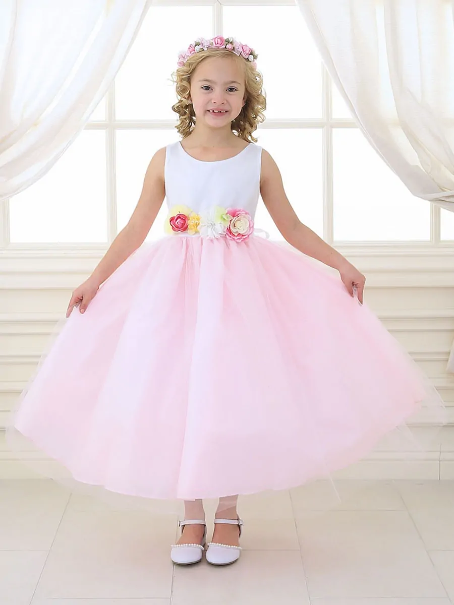 White & Pink Tulle Dress with Multi-Color Flower Waistband