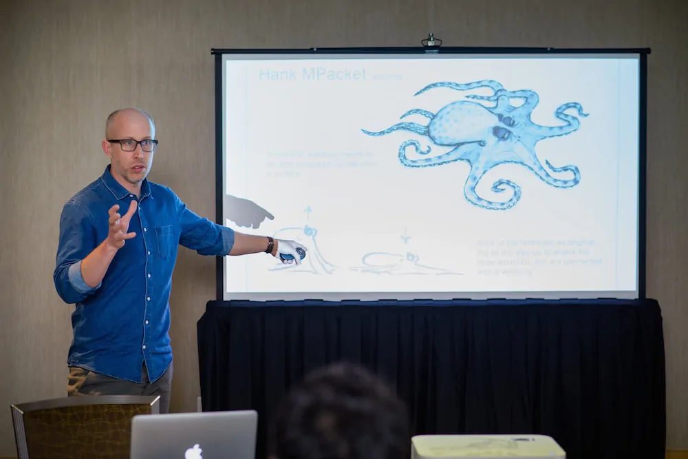 Jeremie Talbot (Characters Supervisor) presents at the Finding Dory Long Lead press day at the Monterey Bay Aquarium in Monterey, CA. Photo by Marc Flores. ©2016 Disney•Pixar. All Rights Reserved.