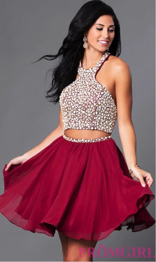 Beaded Bodice Two Piece Short Chiffon Dress