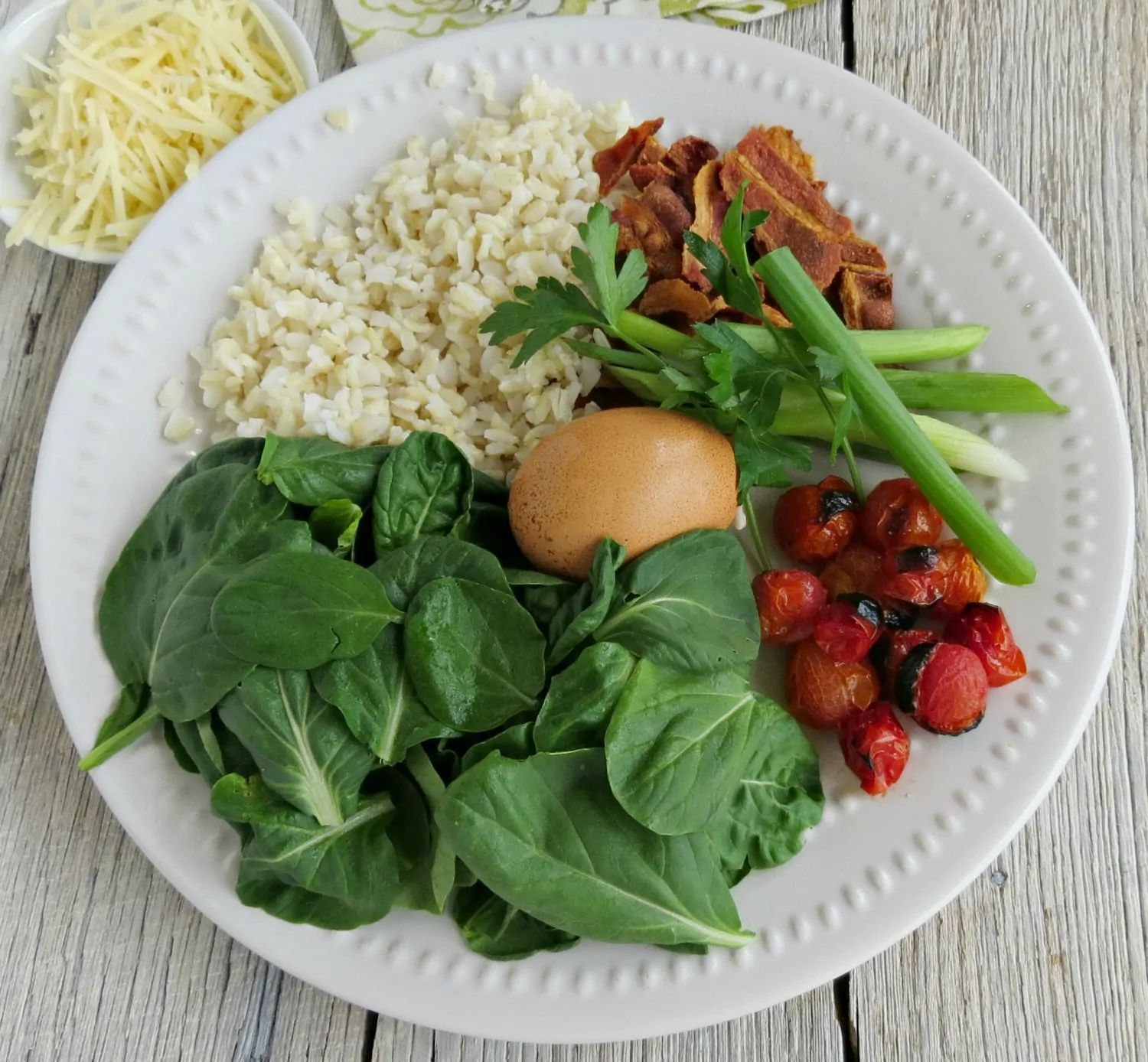 Ingredients for Hearty Rice Bowl with Roasted Tomatoes, Bacon and Spinach Recipe