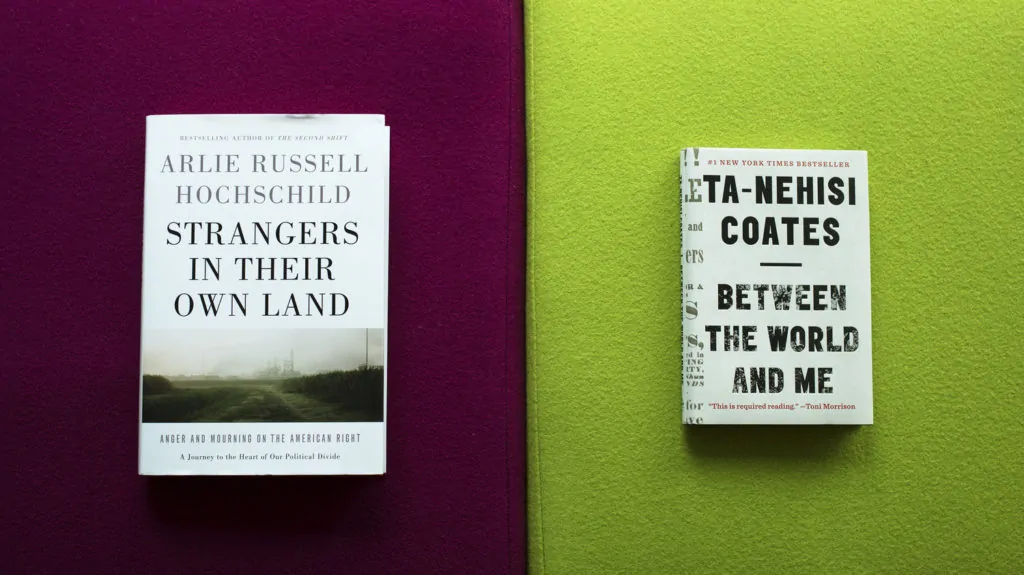 Strangers in Their Own Land by Arlie Russell Hochschild is about Tea Party conservatives in Louisiana. Between the World and Me by Ta-Nehisi Coates is about what it means to be black in America. Raquel Zaldivar/NPR