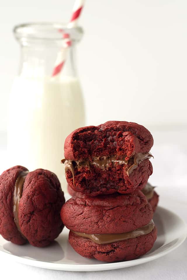 Nutella Filled Red Velvet Sandwich Cookies from Cookie Dough and Oven Mitt