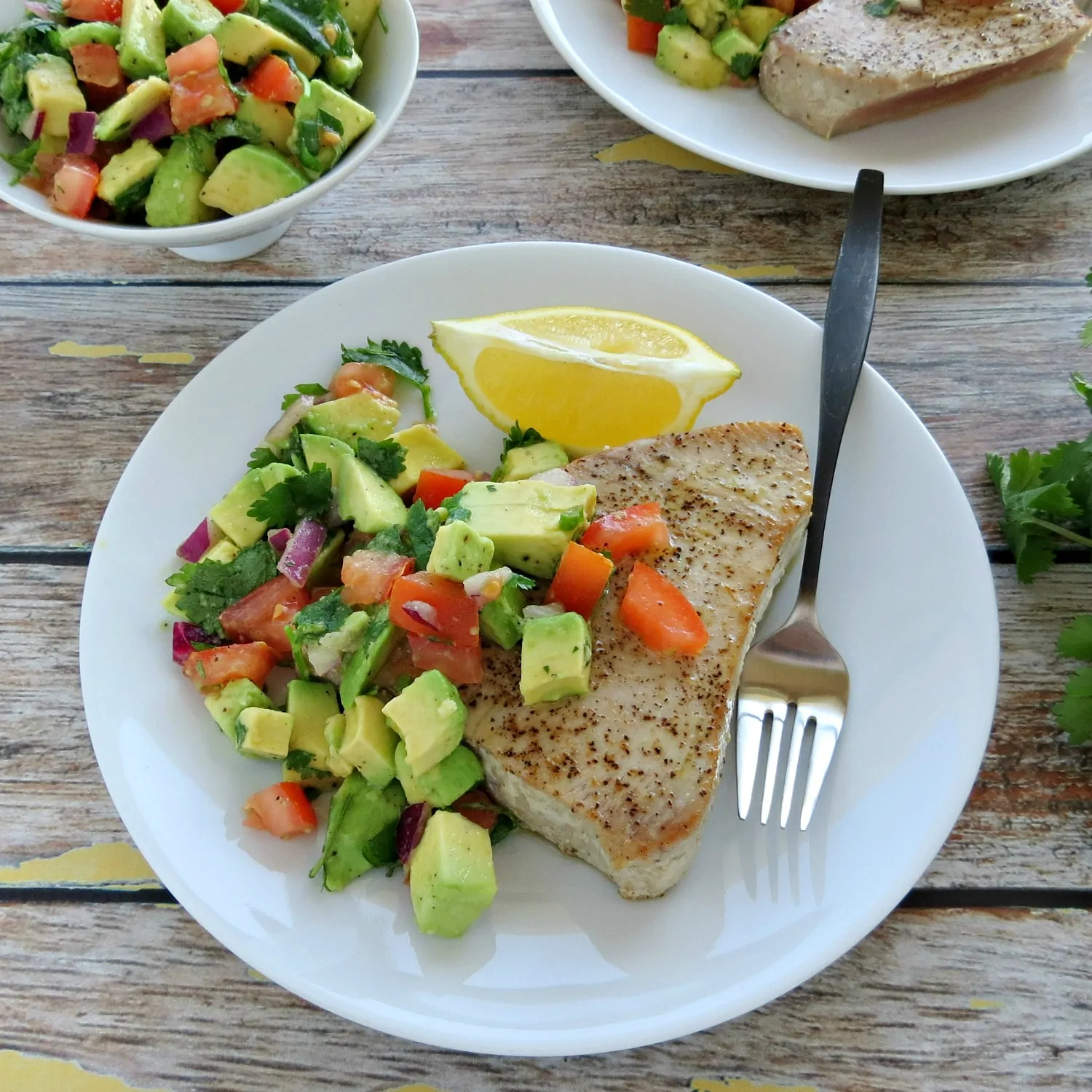 Pan Seared Ahi Tuna Steaks with Avocado Salsa - Overhead