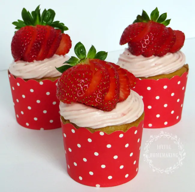 Vanilla Cupcakes with Fresh Strawberry Frosting from Joyful Homemaking