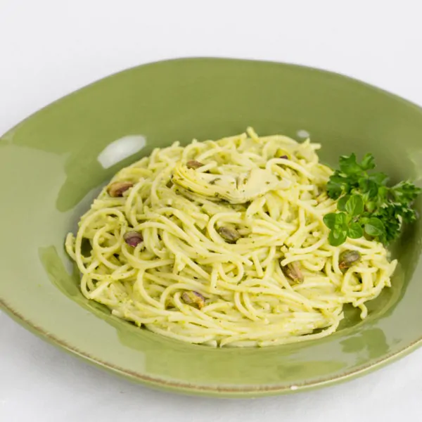 Gluten Free Spaghetti with Artichoke and Pistachio Pesto Recipe