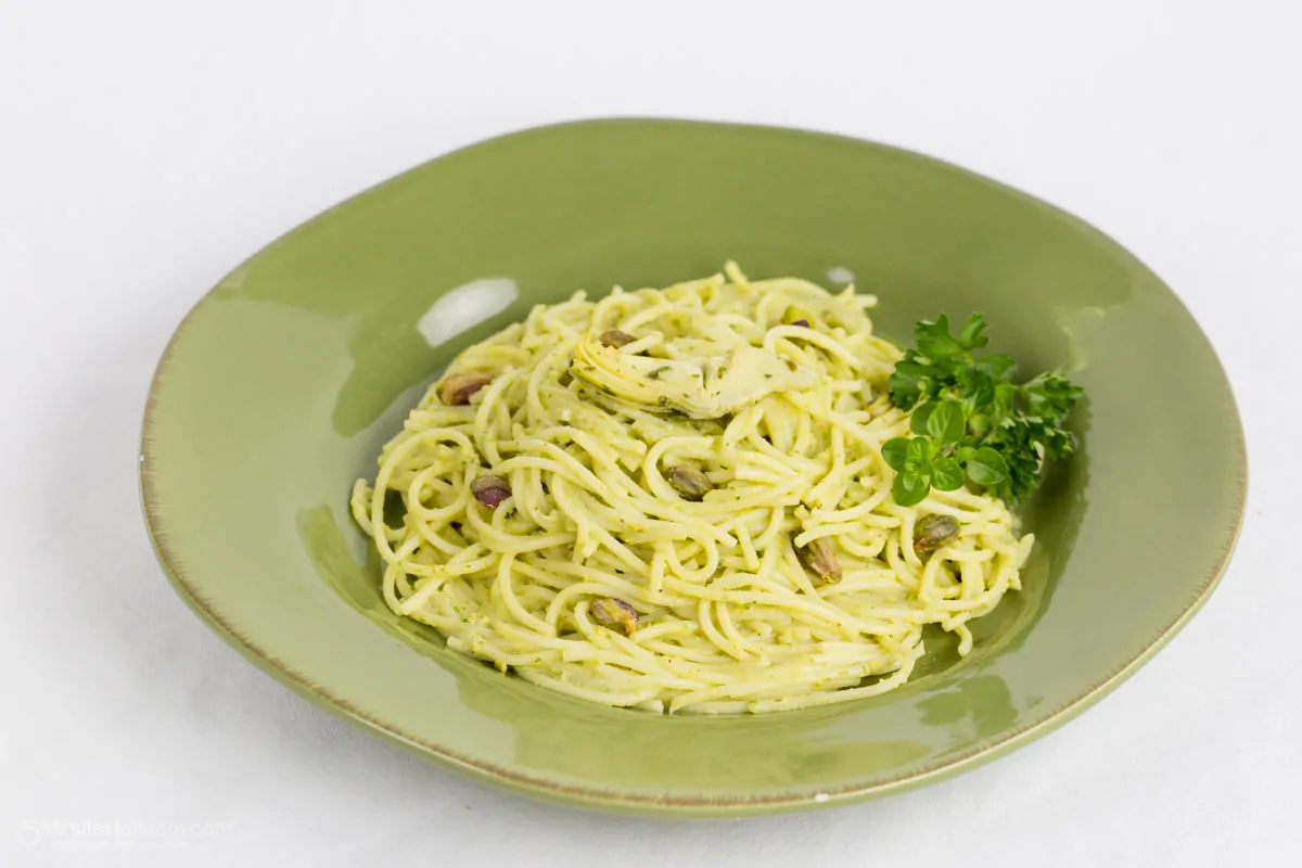 Spaghetti with Artichoke and Pistachio Pesto