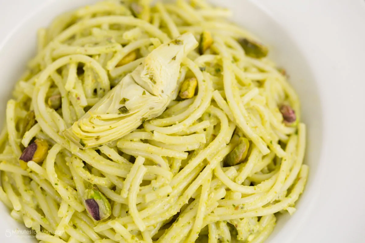 Spaghetti with Artichoke and Pistachio Pesto