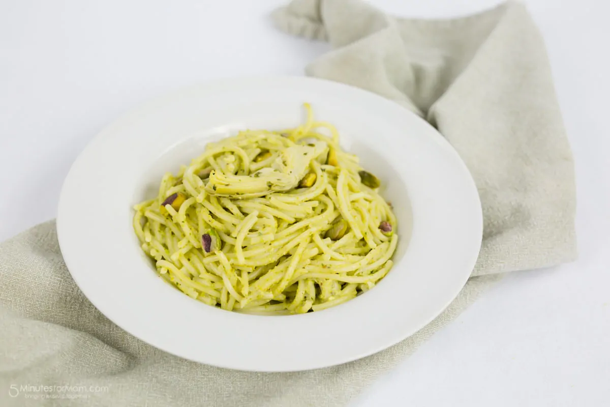 Spaghetti with Artichoke and Pistachio Pesto