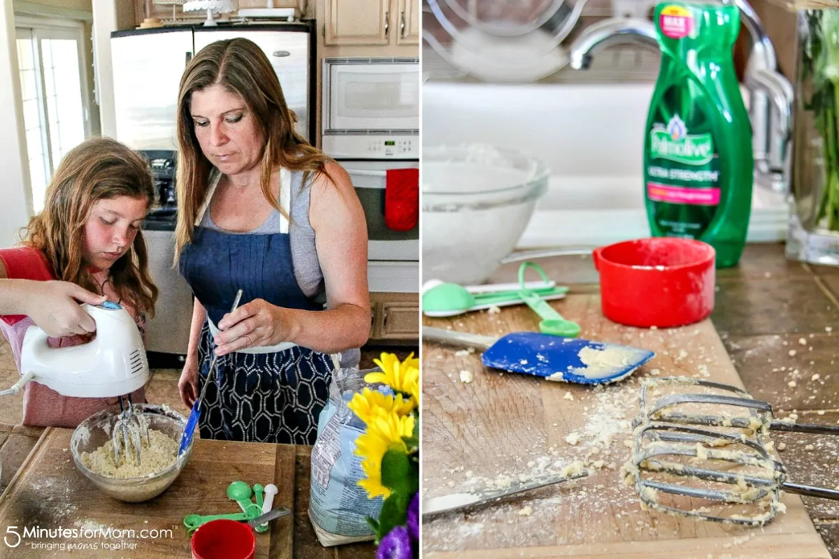 teaching kids to bake and then clean up in the kitchen