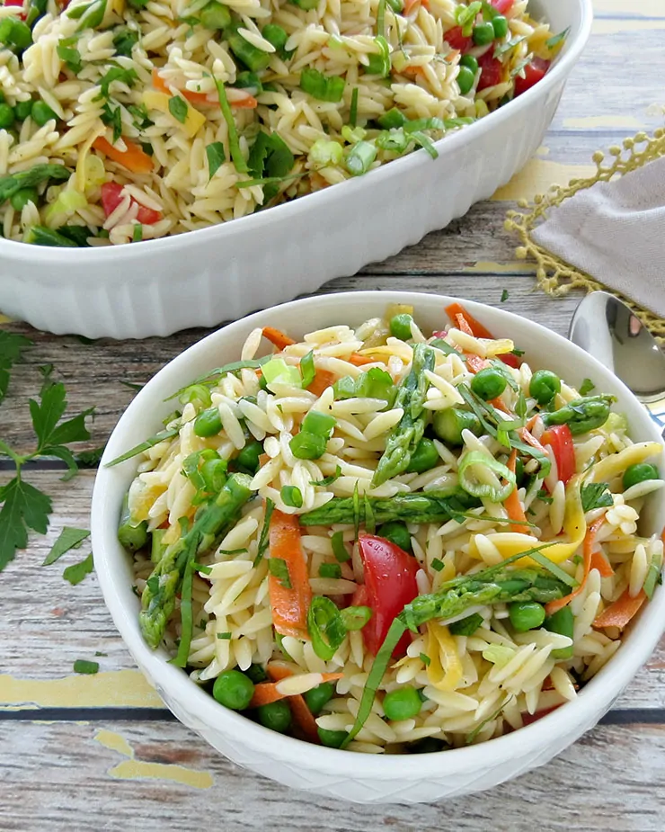 Healthy Orzo Salad with Vegetables and served with Lemon Vinaigrette