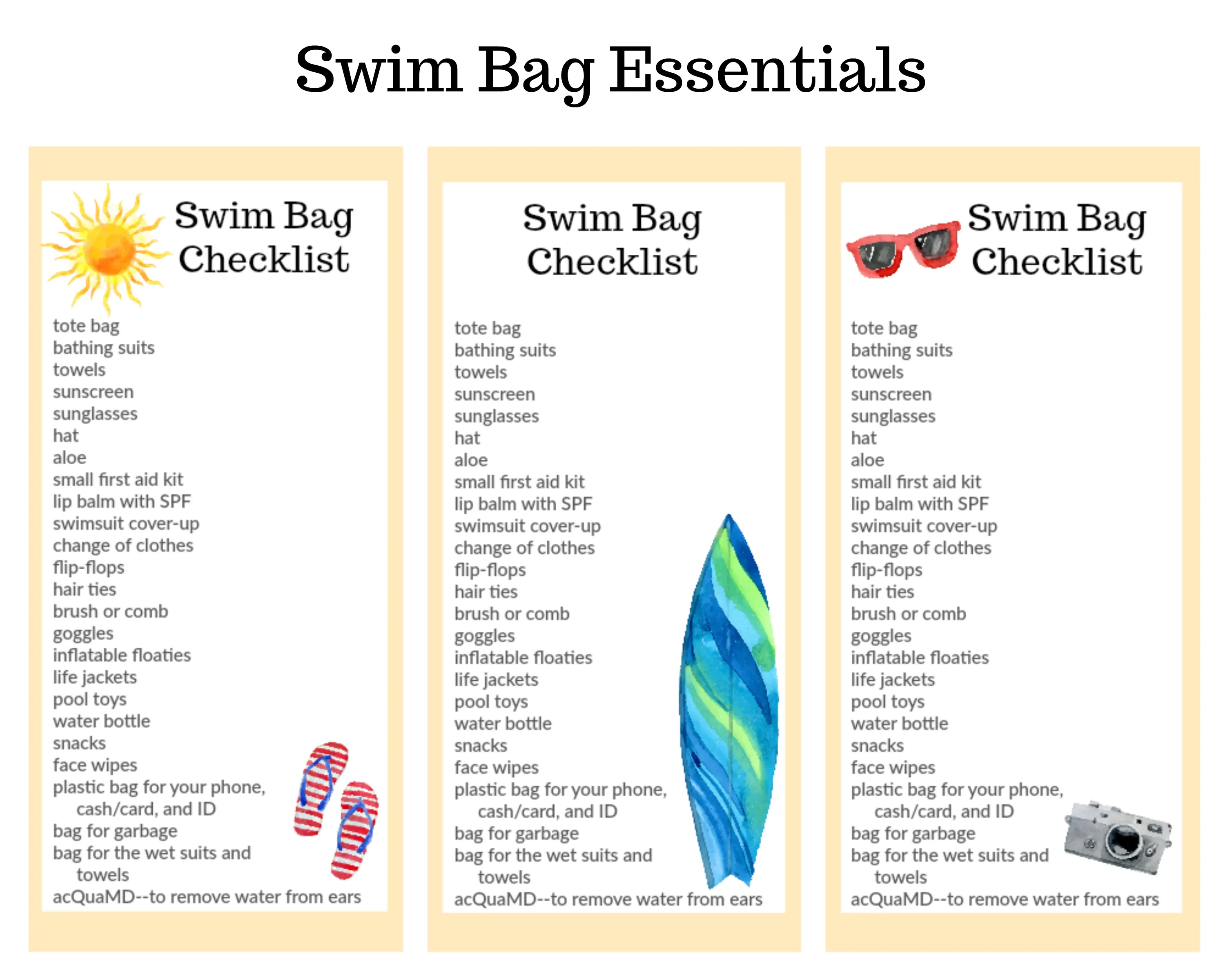 Swim Bag Checklists