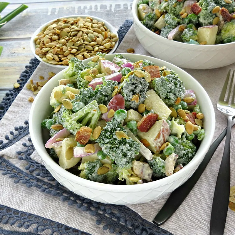 Lightened Up Broccoli Salad with Bacon. Broccoli salad is perfect any time of year. It's a great side dish or even a meal in itself!