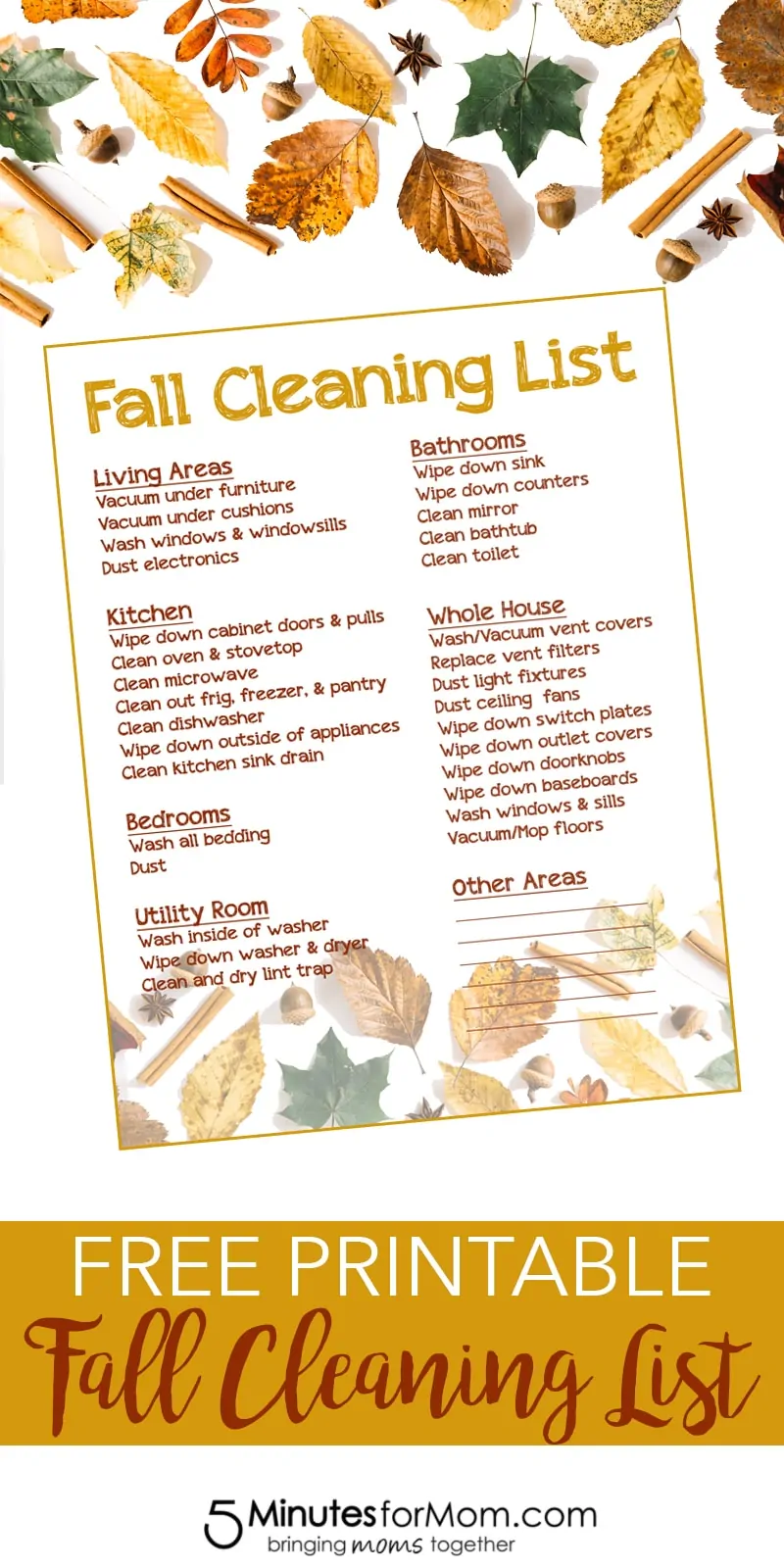 Free Fall Cleaning List Printable from 5 Minutes for Mom