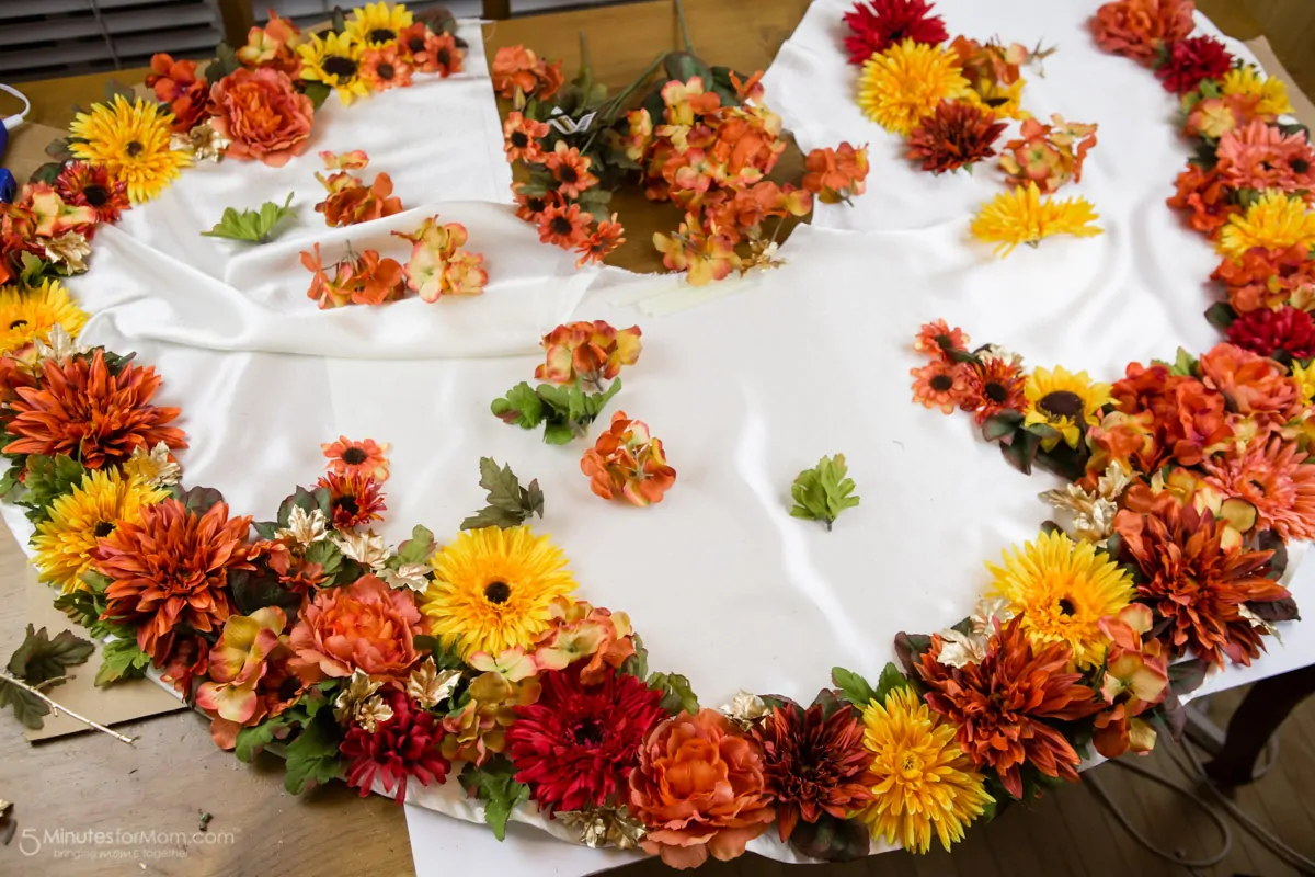 Laying out flowers to add to the DIY Fairy Costume