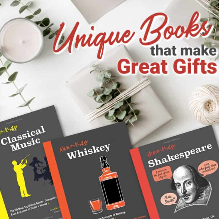 Wrapped gift with candle and books - Text on image says "Unique Books that make Great Gifts"